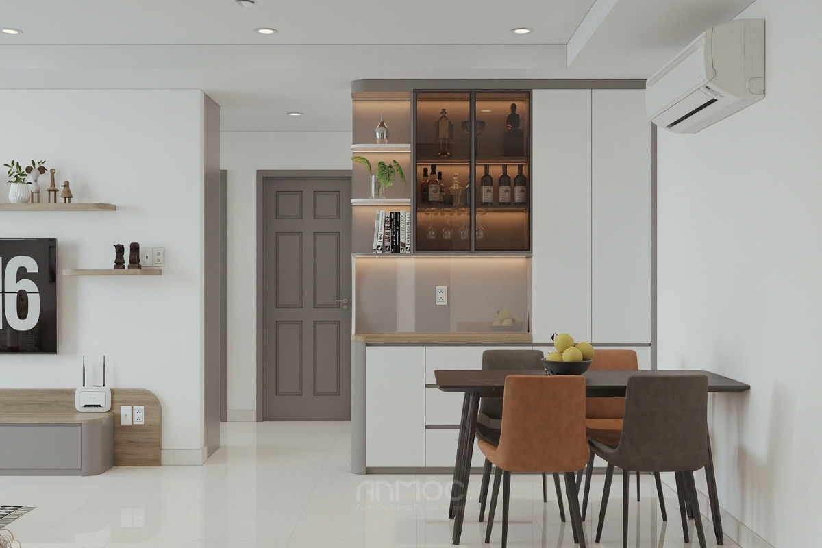 Tủ rượu kịch trần hiện đại cùng vời bàn ăn tông màu trung tính sang trọng