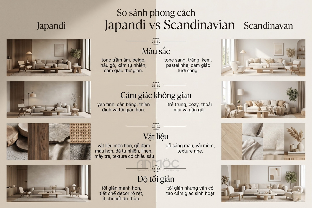 Bảng so sánh Japandi vs Scandinavian_An Mộc