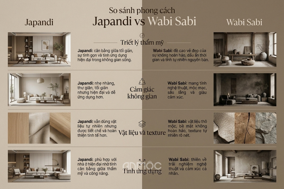 Bảng so sánh Japandi vs Wabi Sabi_An Mộc