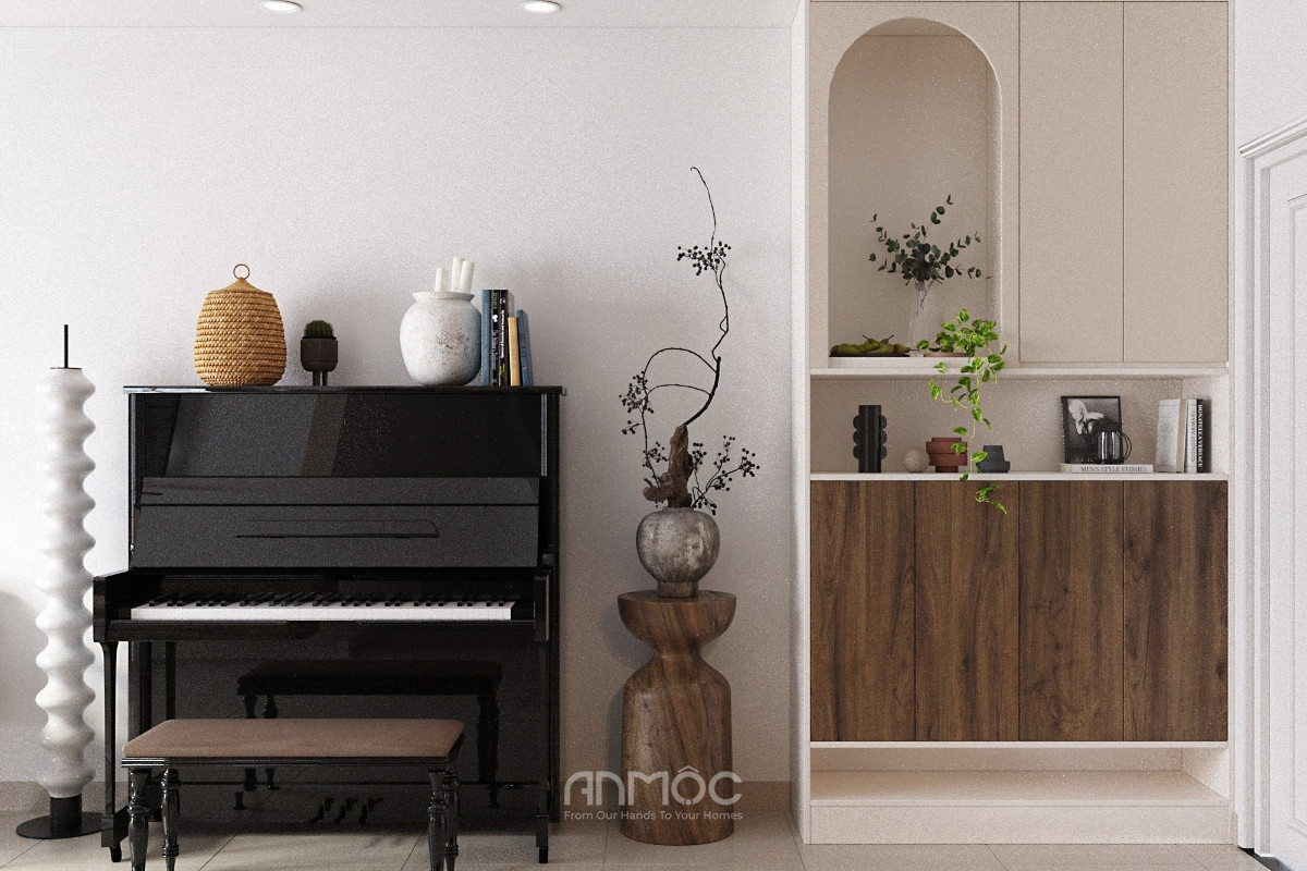 Đàn piano và hệ kệ trang trí tạo nên điểm nhấn nghệ thuật, mang lại cảm giác thư giãn cho không gian sống_An Mộc