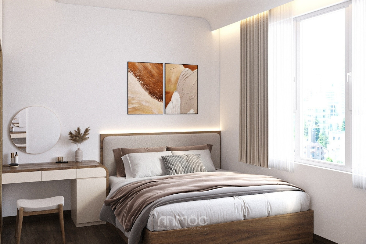 Gam màu trung tính cùng cách bố trí tối giản giúp phòng ngủ nhỏ trở nên rộng thoáng, nhẹ nhàng và đầy cảm giác thư thái_An Mộc