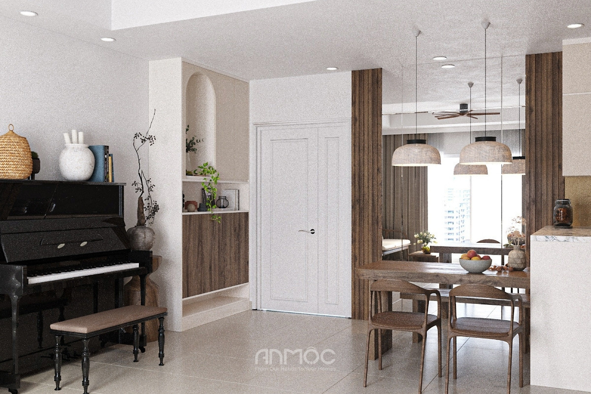 Góc nhỏ bình yên với chiếc đàn piano sang trọng cạnh khu ăn uống ấm áp, tạo nên một không gian sống đầy cảm hứng và tinh tế_An Mộc