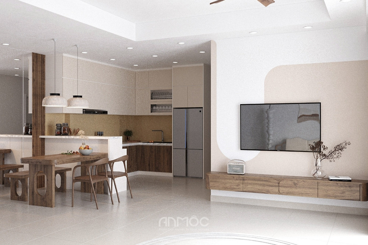 Không gian bếp và phòng ăn căn hộ Florita được thiết kế liền mạch, tối giản nhưng vẫn ấm cúng và tiện nghi cho sinh hoạt hằng ngày_An Mộc