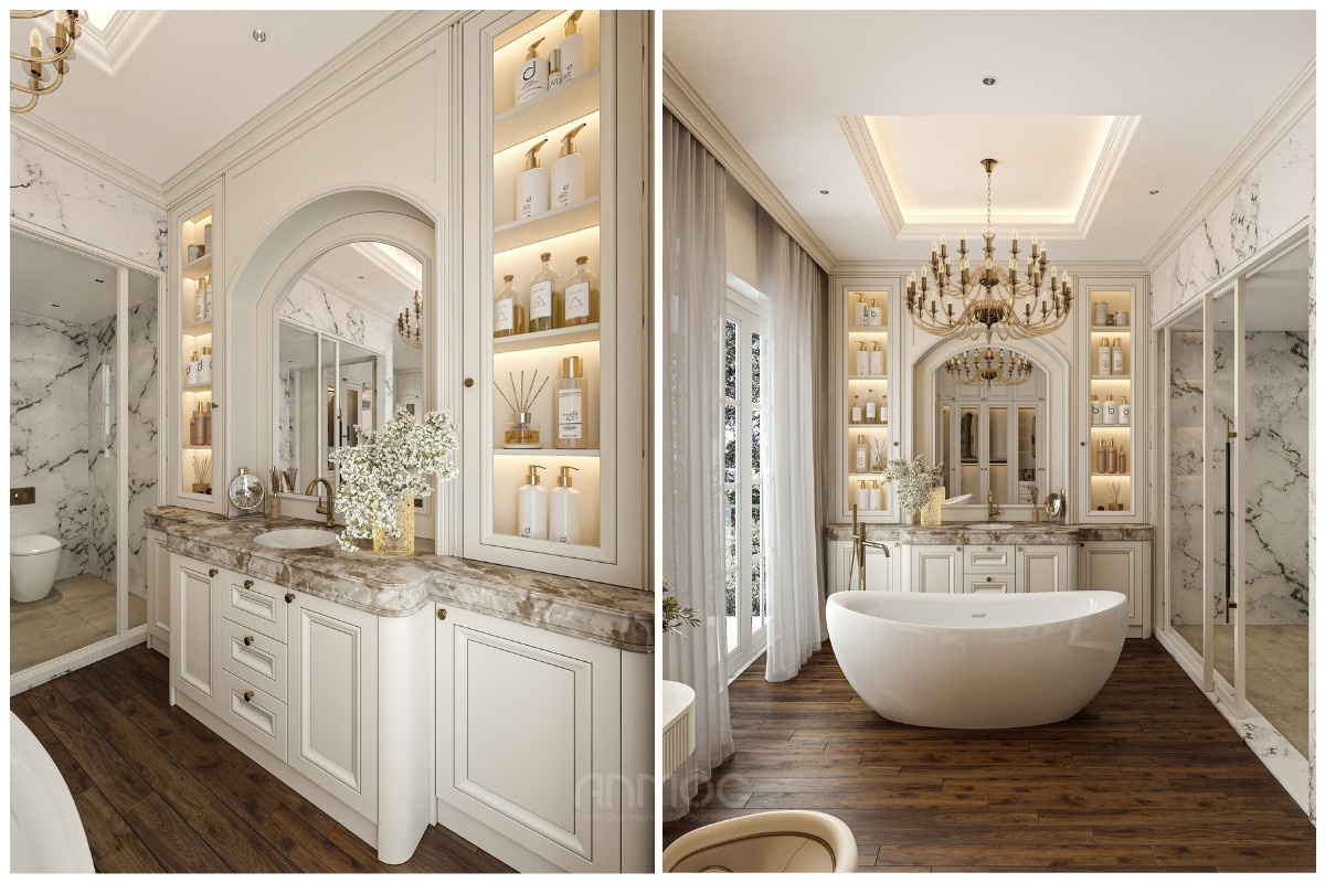 Mẫu phòng tắm thanh lịch sử dụng bồn tắm bo cong mềm mại kết hợp tủ lavabo sáng màu