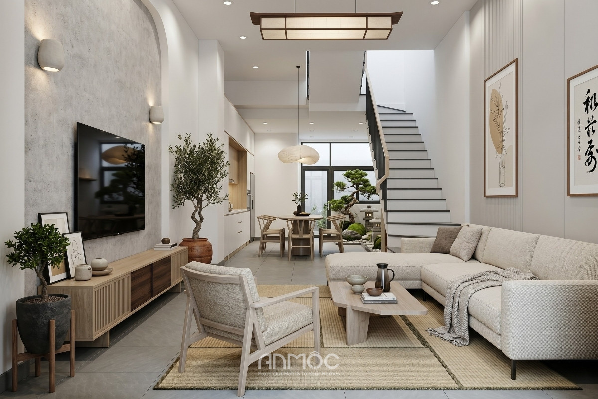 Mẫu thiết kế nội thất nhà phố Japandi 70m2_An Mộc