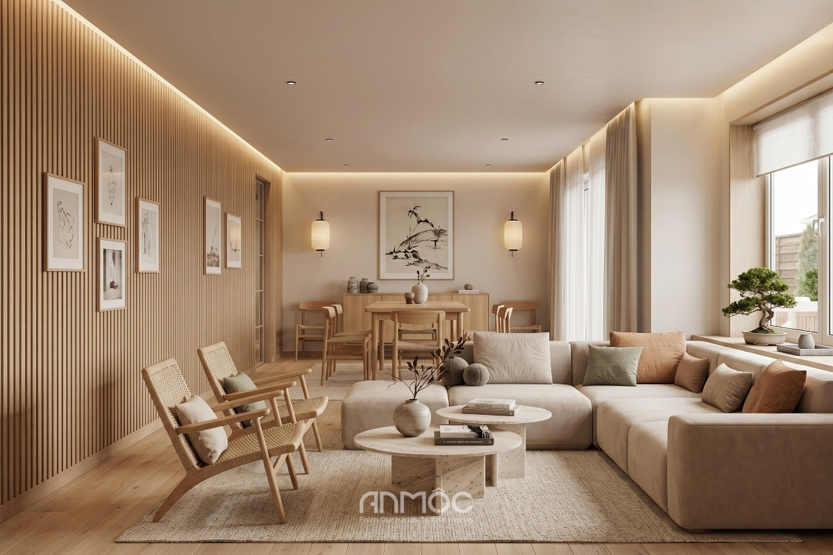 Mẫu thiết kế nội thất nhà phố Japandi 80m2_An Mộc