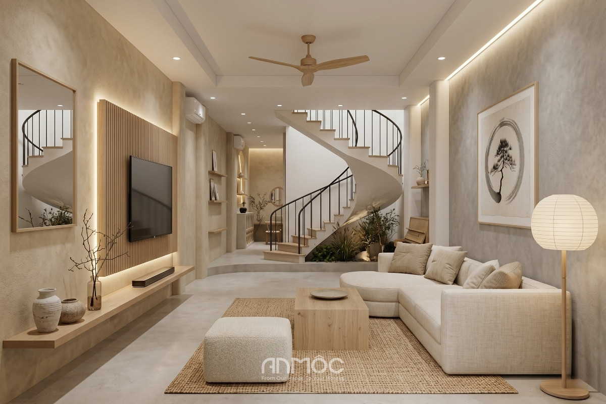Mẫu thiết kế nội thất nhà phố Japandi 90m2_An Mộc