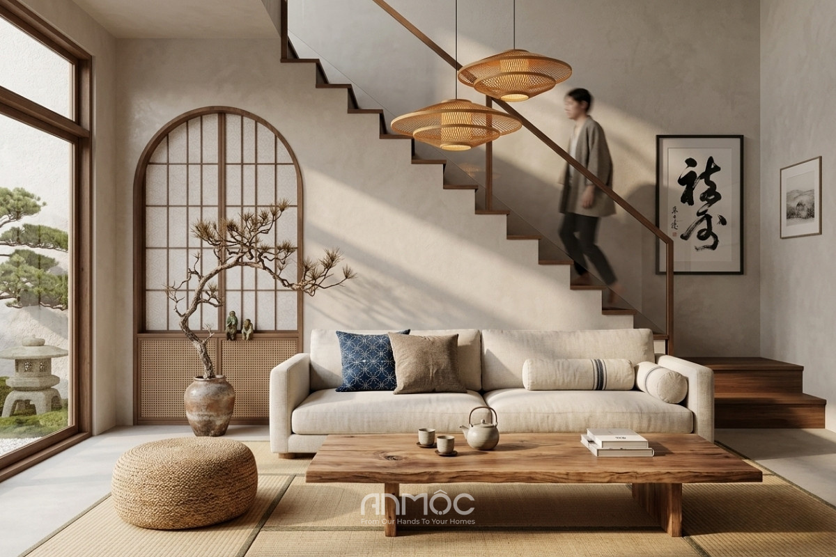 Mẫu thiết kế nội thất nhà phố Japandi đẹp chuẩn 2026_An Mộc