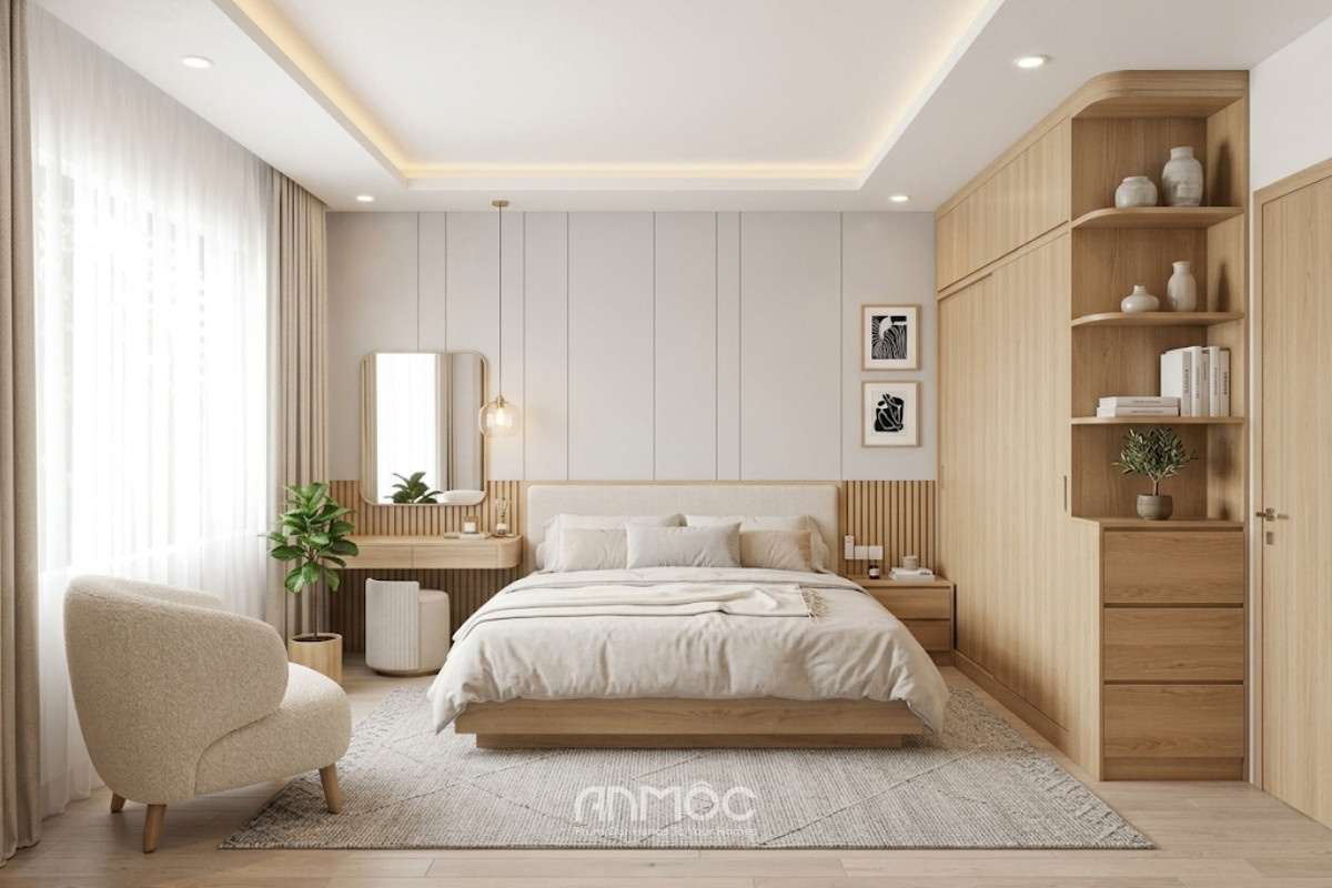 Mẫu thiết kế nội thất phòng ngủ nhà phố Japandi_An Mộc