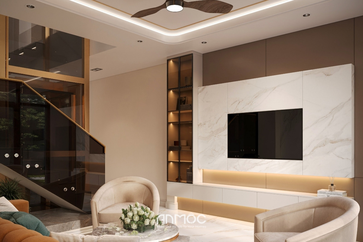 Một góc phòng khách nhà phố anh Minh 163m2 mang tinh thần hiện đại, nhẹ nhàng và sang trọng_An Mộc
