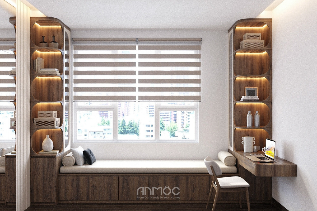 Phòng đọc sách ấm cúng, tinh tế với chất liệu gỗ ấm áp và ánh sáng vàng dịu từ đèn LED_An Mộc