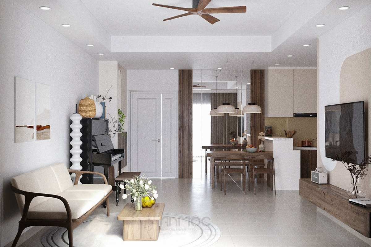 Phòng khách căn hộ Florita ghi dấu với thiết kế tối giản nhẹ nhàng, mang đến cảm giác tinh tế, thoáng sáng và đầy thư giãn_An Mộc