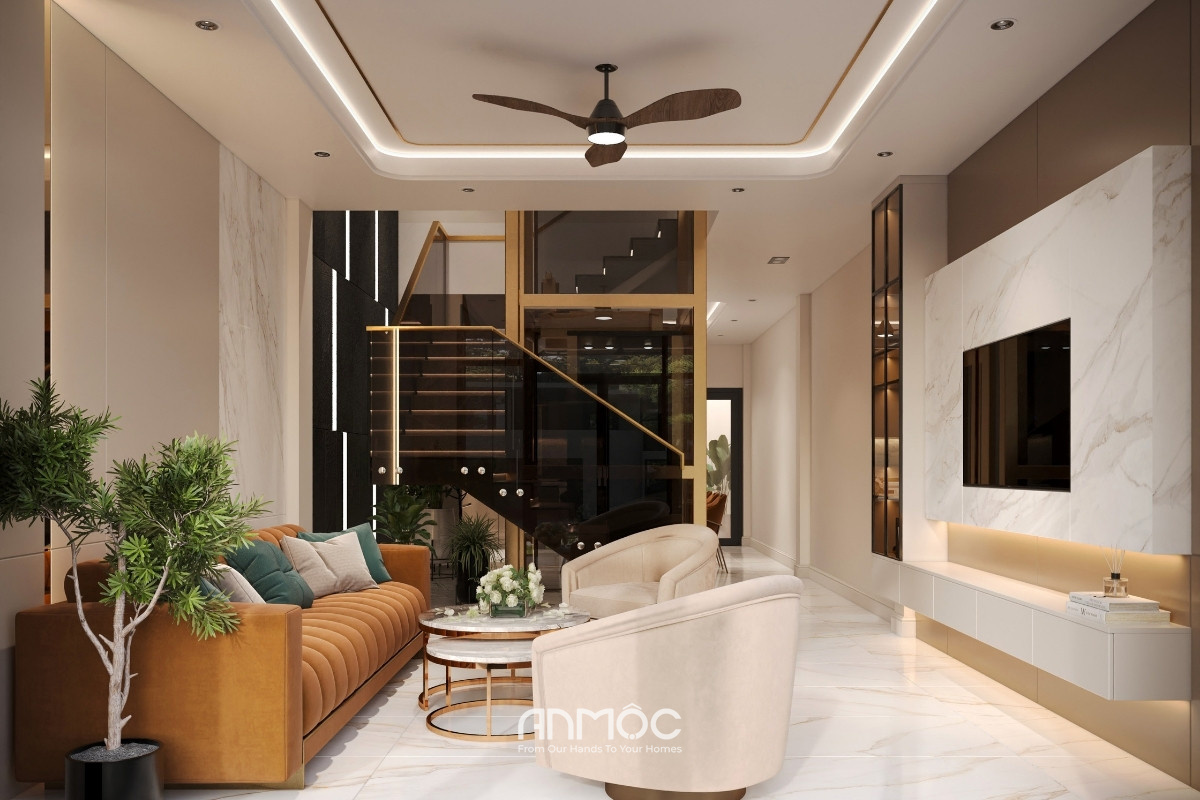 Phòng khách nhà phố anh Minh 163m2 nổi bật với gam màu ấm, ánh sáng tinh tế và đường nét hiện đại_An Mộc