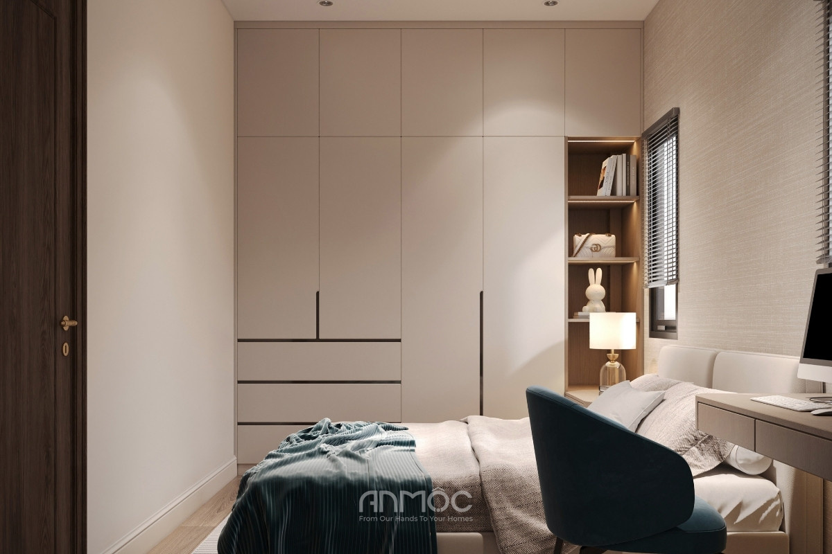 Phòng ngủ 2 được tối ưu không gian với hệ tủ âm tường kịch trần, mang lại cảm giác gọn gàng và thông thoáng_An Mộc