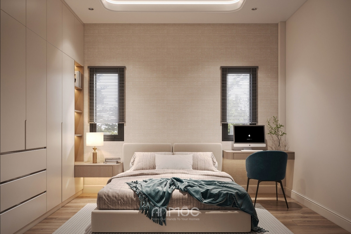 Phòng ngủ 2 nhà phố 163m2 anh Minh mang vẻ đẹp hiện đại với gam màu be ấm áp, tạo cảm giác thư giãn và nhẹ nhàng cho không gian nghỉ ngơi_An Mộc