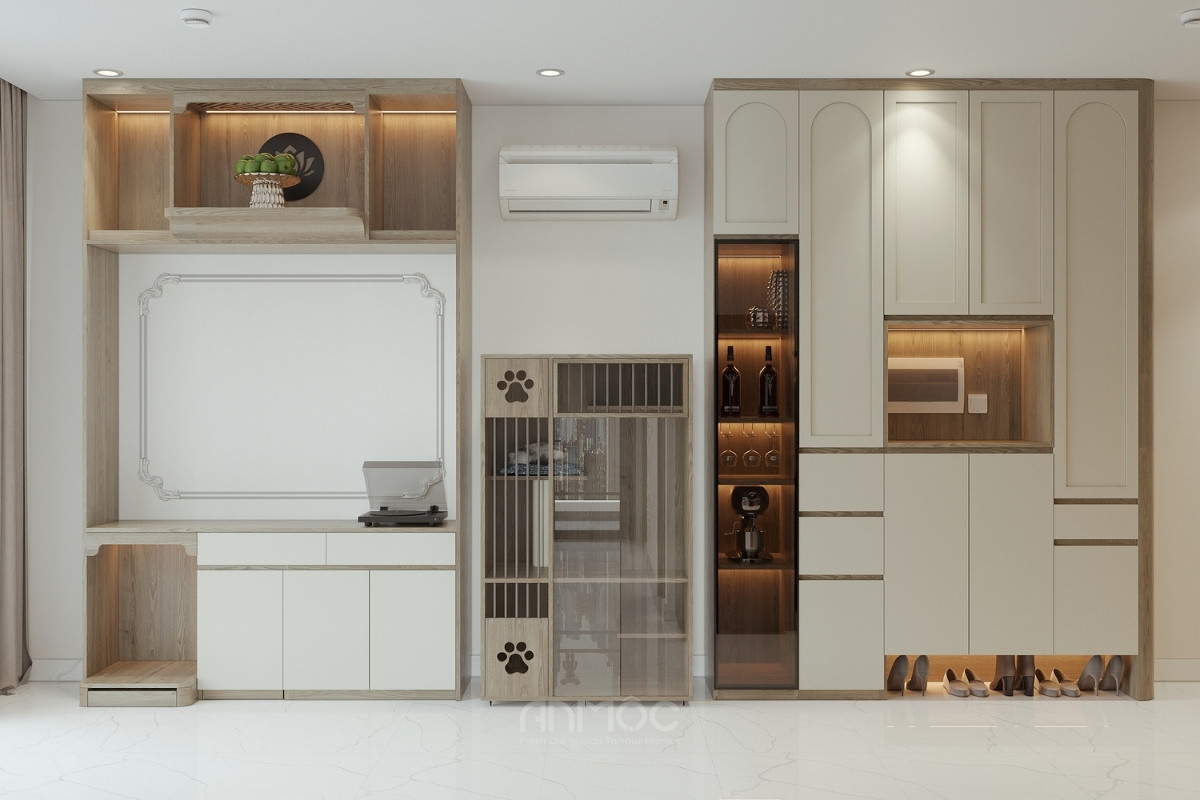 Không gian lưu trữ bố trí gọn gàng với tủ thờ kịch trần, tủ giày và tủ thú cưng