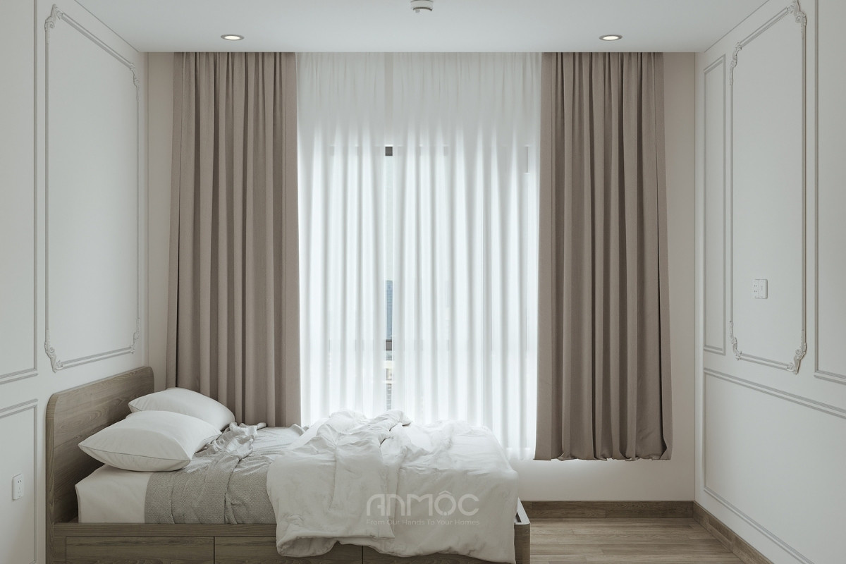 Không gian phòng ngủ 2 nhỏ gọn với nội thất gỗ và rèm hai lớp