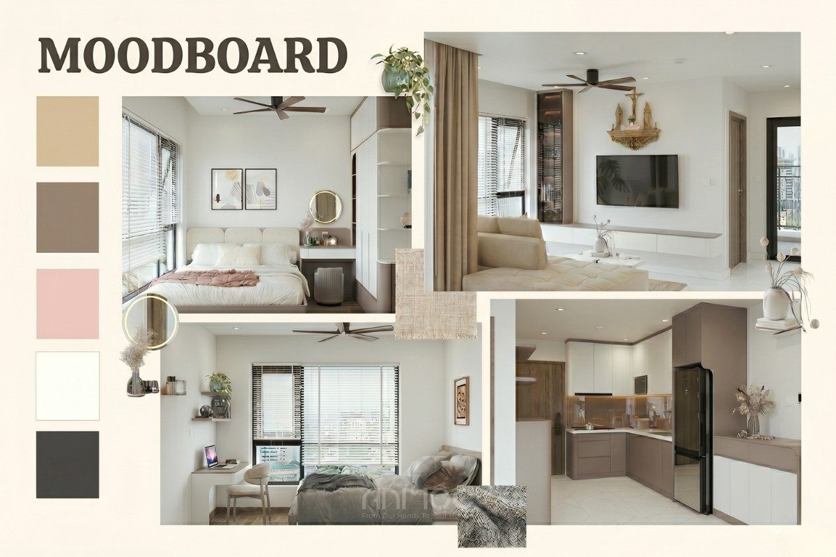 Moodboard nội thất căn hộ Vinhomes Grand Park với tông màu dịu nhẹ\