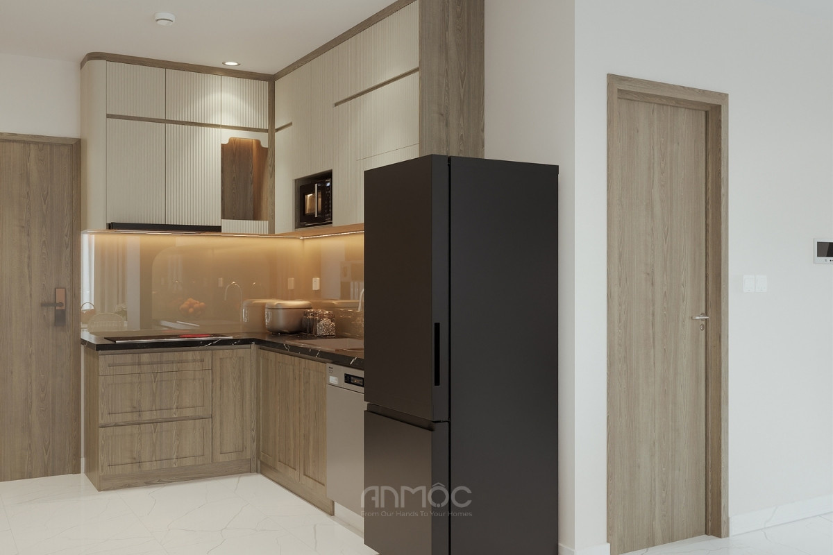 Thiết kế bếp chữ L gọn gàng với hệ tủ kịch trần tiện nghi