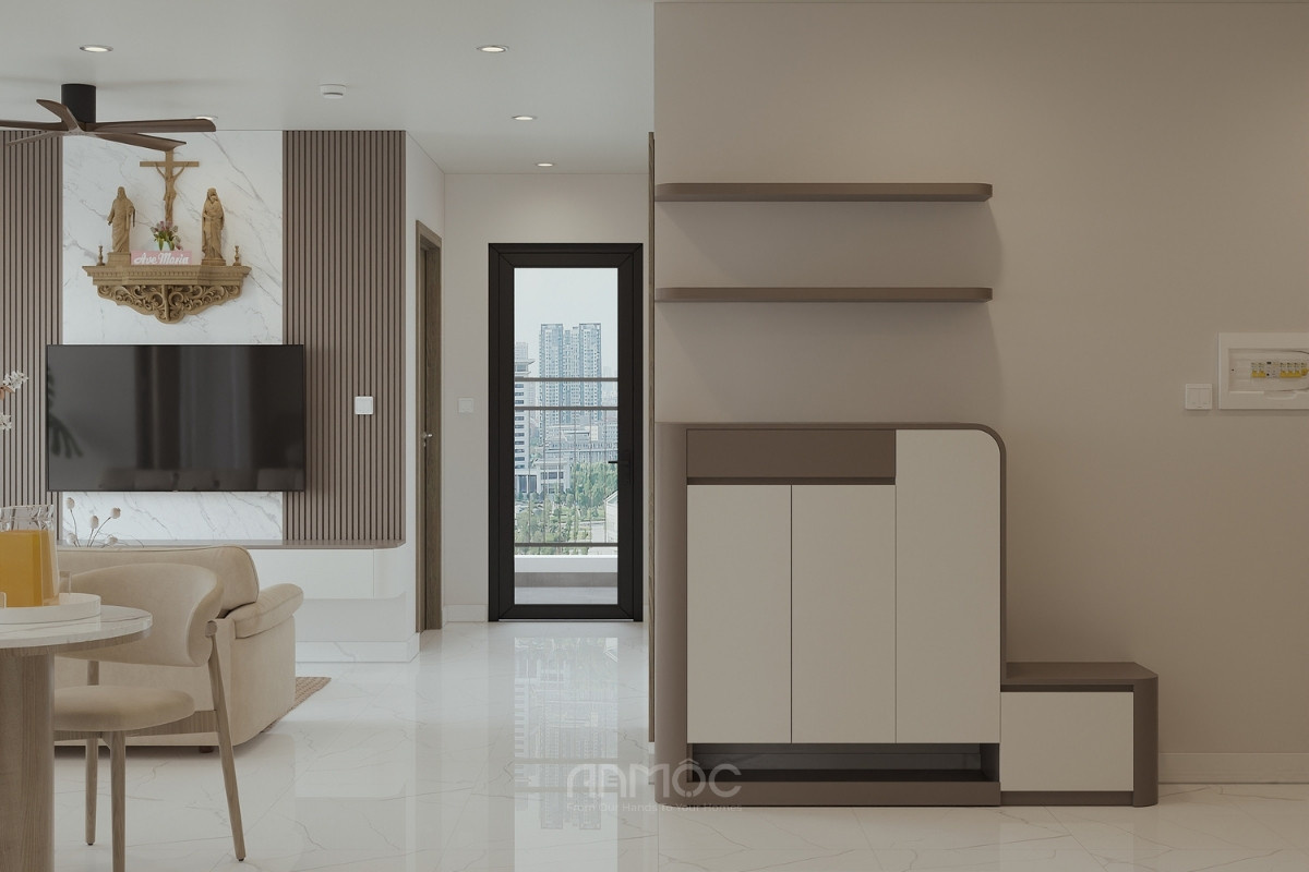 Tủ kệ giày gọn gàng với điểm nhấn là thiết kế bo tròn góc cạnh