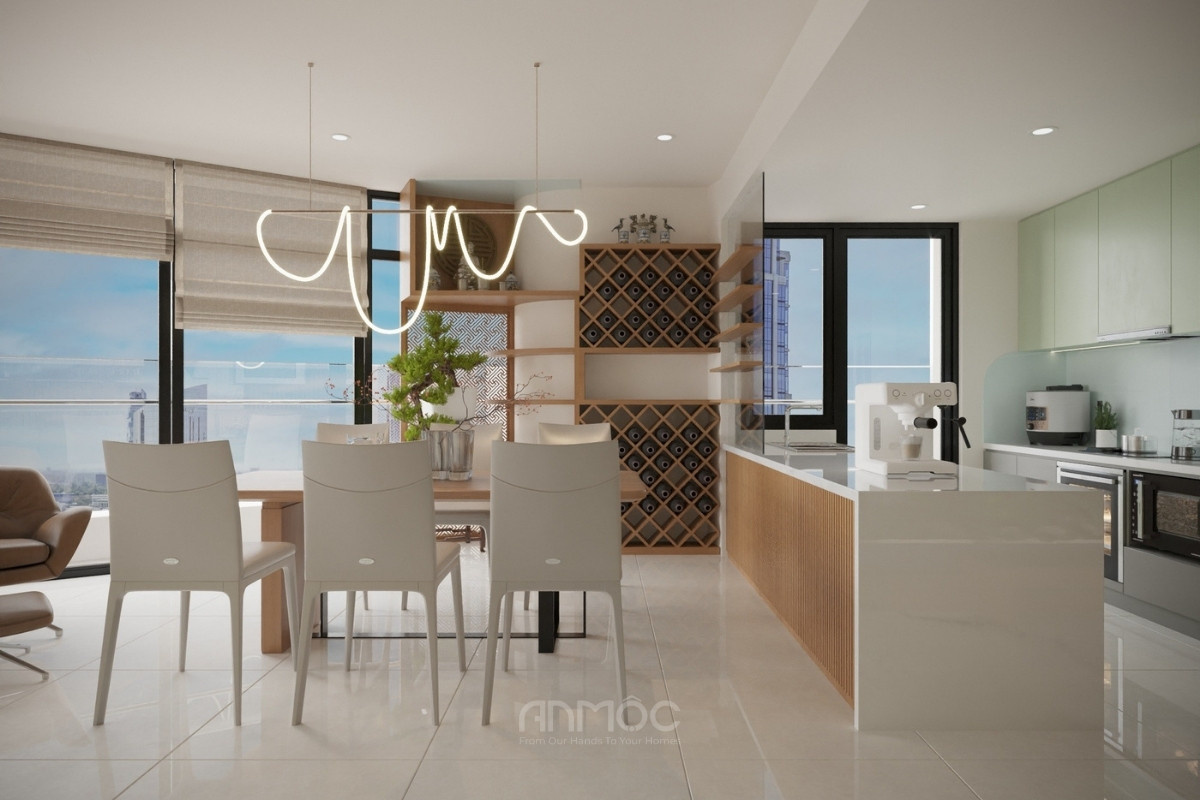 Bàn ăn hiện đại bố trí đối diện khu vực nấu nướng