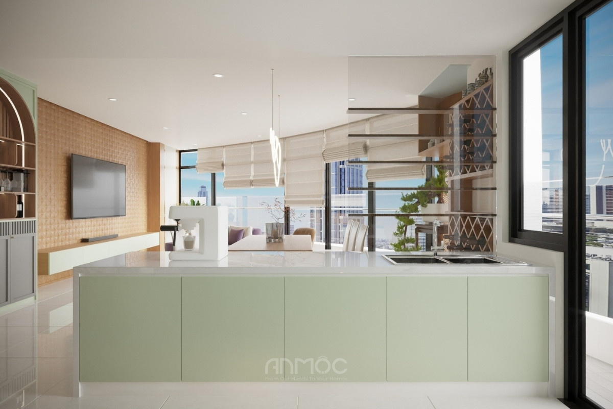 Bàn đảo bếp màu xanh pastel kết hợp mặt đá trắng