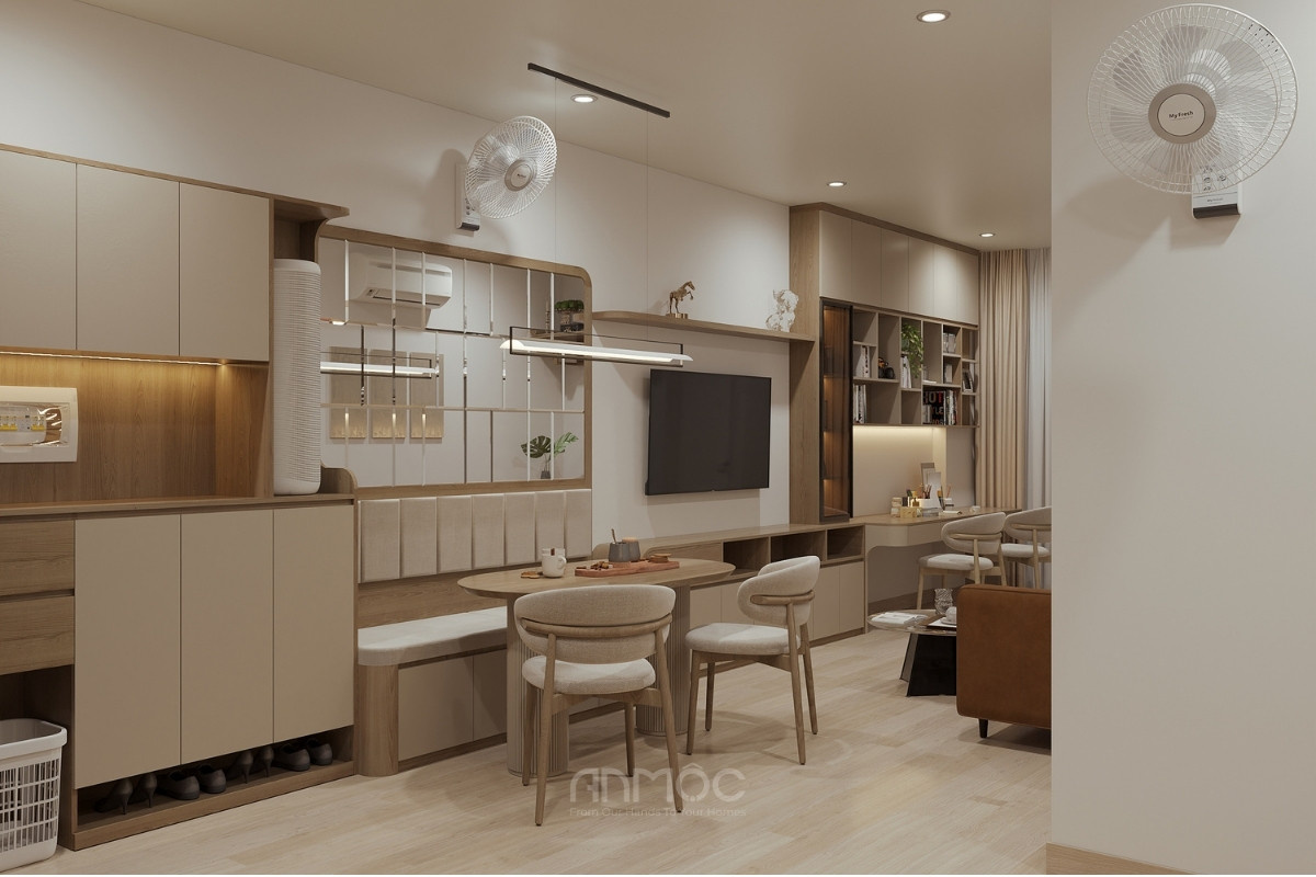 Điểm nhấn ấn tượng với mảng ốp gương trang trí, tạo cảm giác đẳng cấp cho khu vực ăn uống