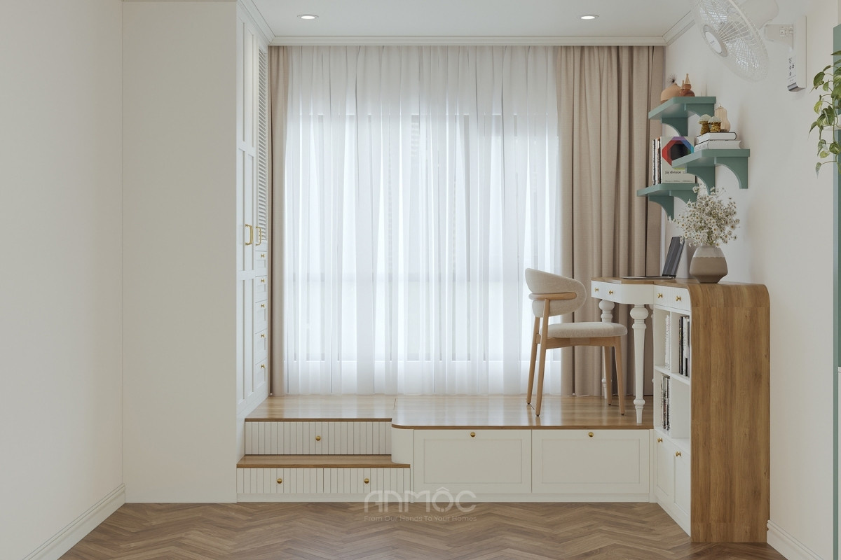Góc làm việc cạnh cửa sổ với nội thất gỗ trắng hiện đại