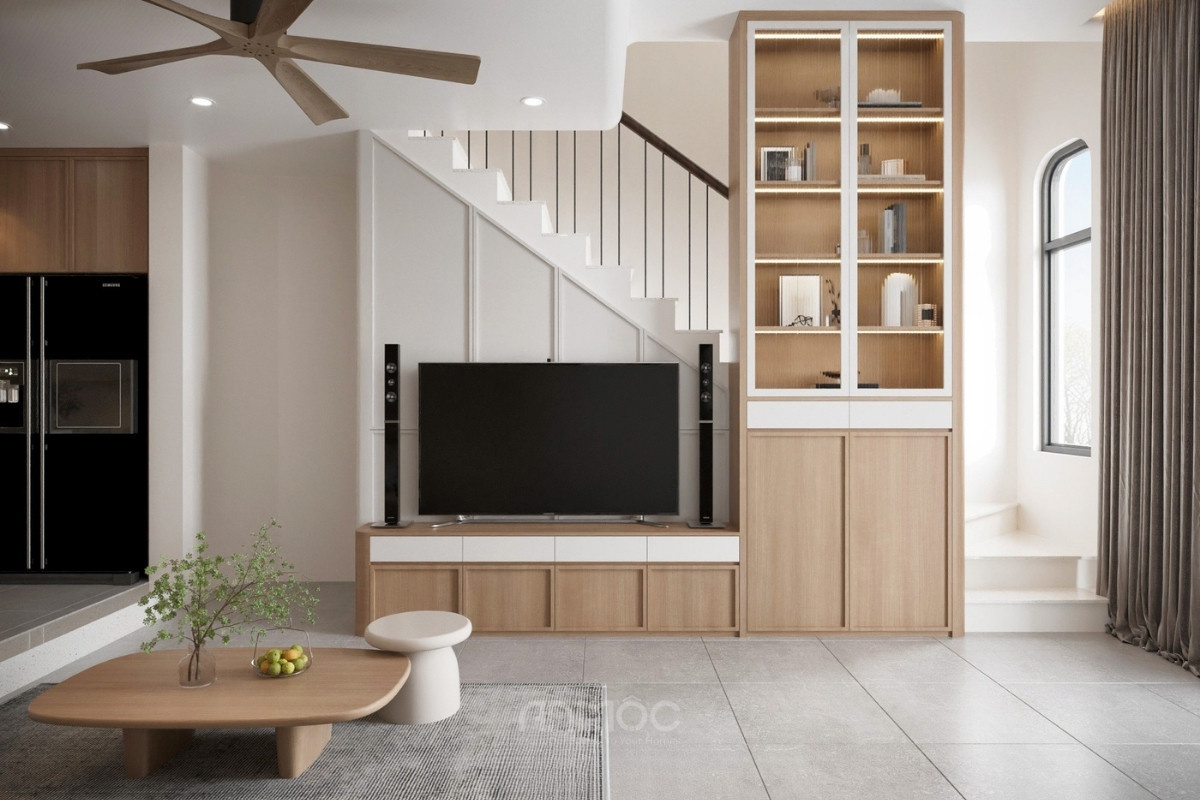 Góc phòng khách hiện đại với kệ tivi và tủ trang trí liền mạch