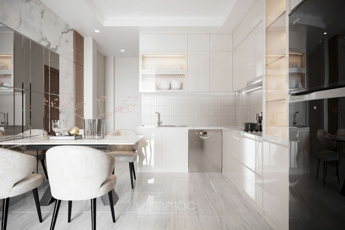 Hệ tủ bếp thiết kế chữ L phủ Acrylic bóng gương màu trắng