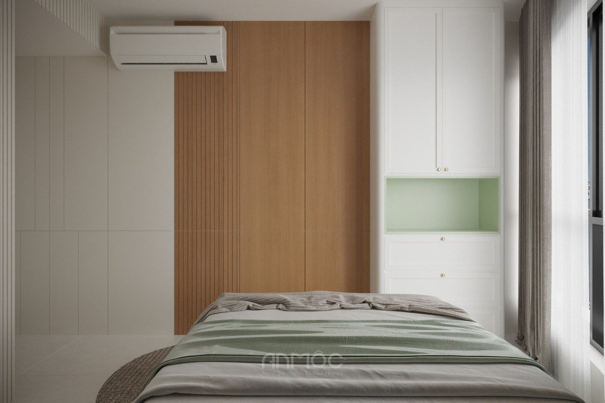 Hệ tủ đồ kịch trần nổi bật với cạnh tủ bo cong và hộc trang trí