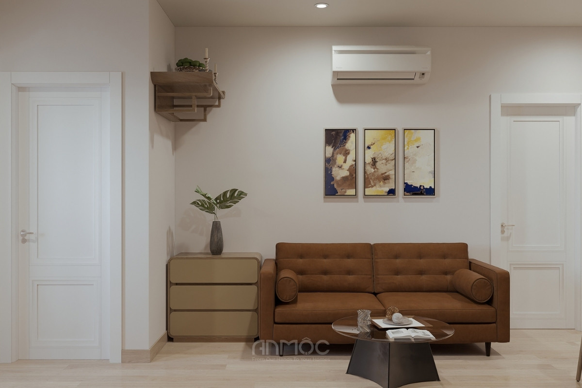 Không gian phòng khách phong cách tối giản ấm cúng cùng chiếc ghế sofa màu nâu gọn gàng