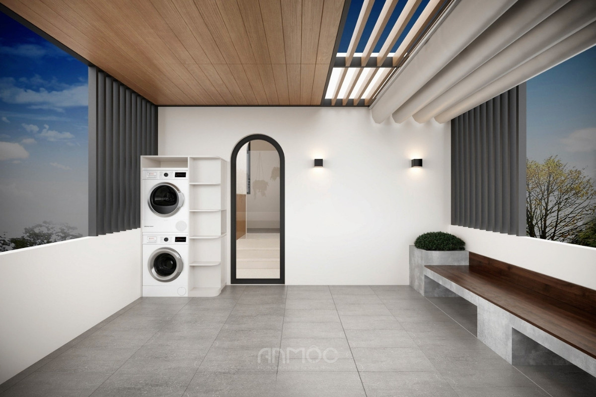 Khu vực giặt đồ được bố trí ngay trên sâ thượng giúp tiế