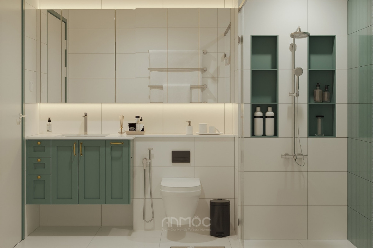 Mẫu nhà vệ sinh tân cổ điển với tủ đựng đồ màu xanh tối ưu diện tích