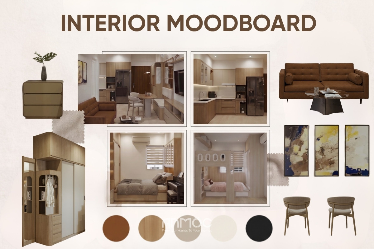 Moodboard nội thất chung cư Khang Gia với bảng màu ấm áp