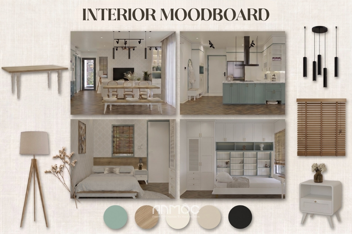 Moodboard thiết kế nội thất chung cư Vinhomes Grand Park 95m2 với bảng màu sáng, thanh lịch