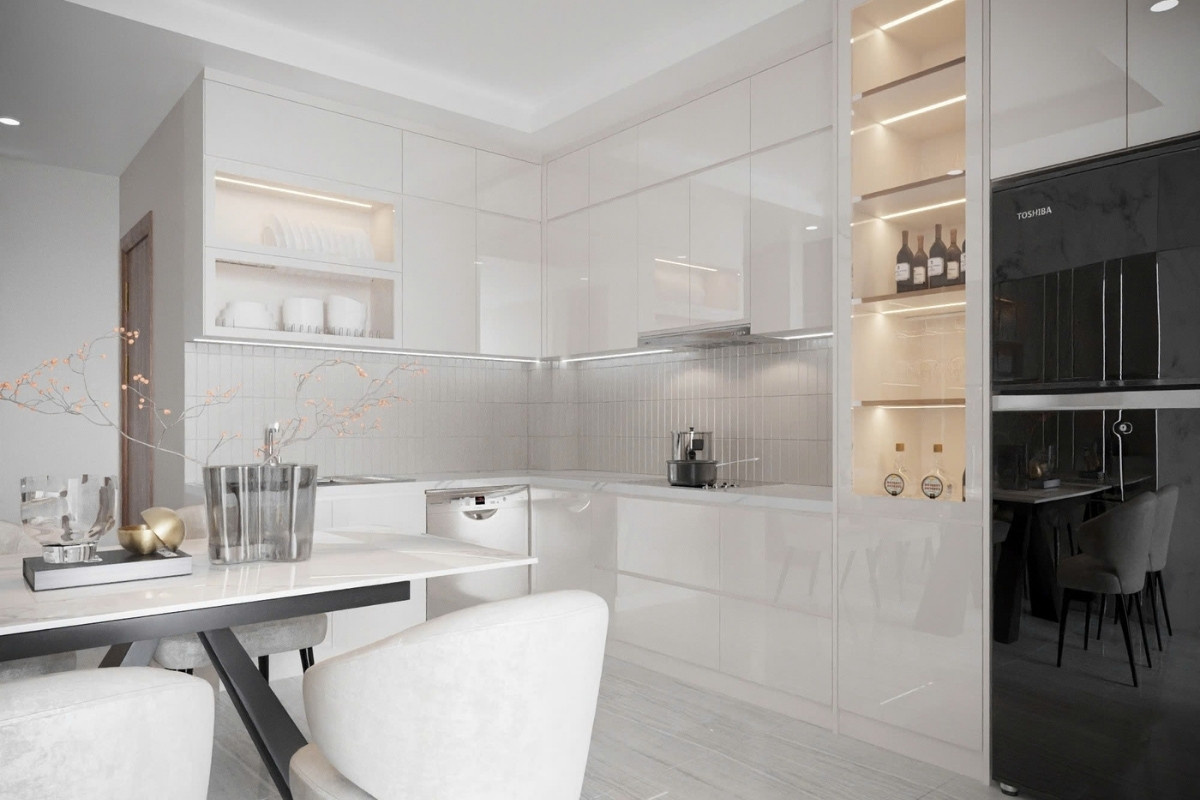 Phòng bếp được thiết kế không gian mở kết nối mạch lạc giữa khu vực chuẩn bị thức ăn và nơi dùng bữa