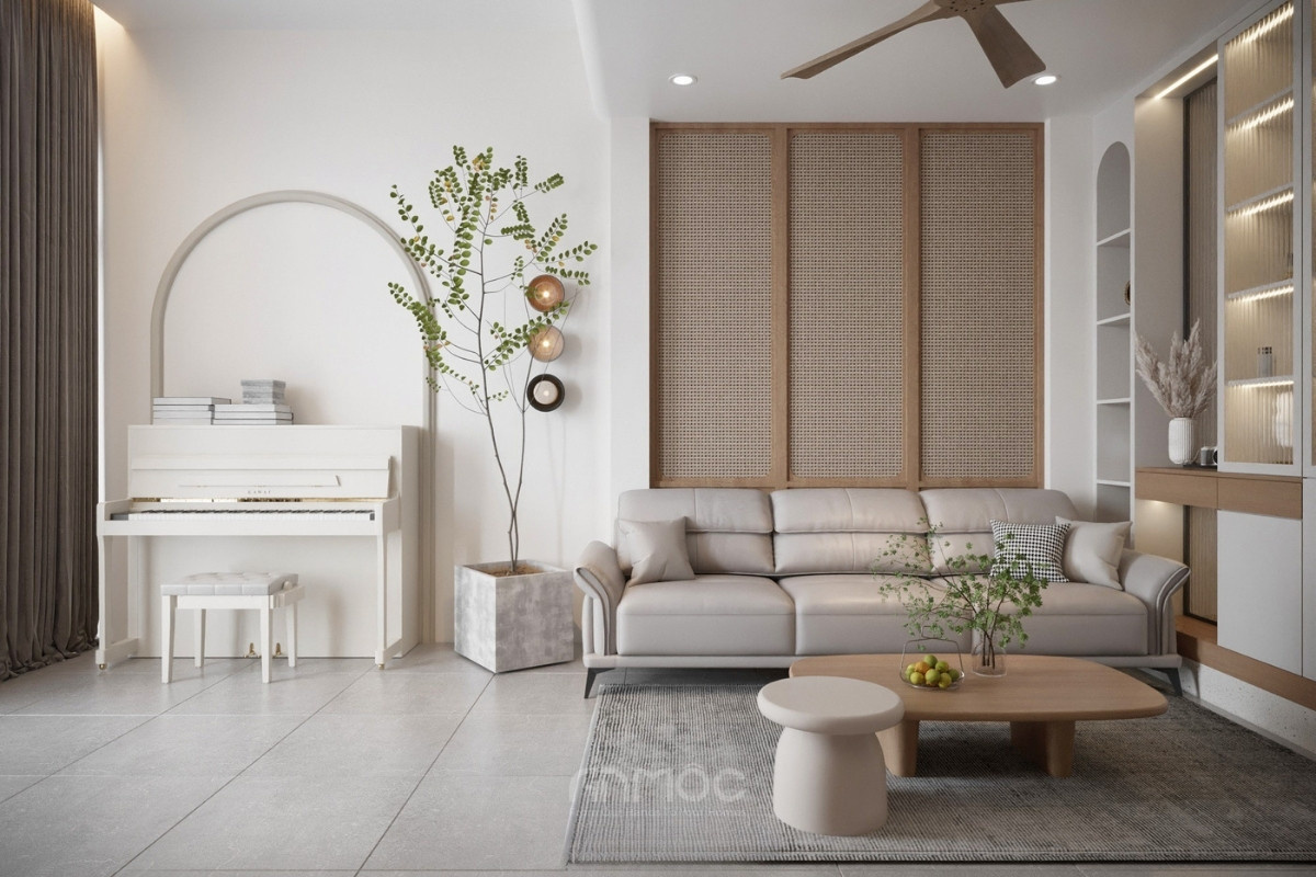 Phòng khách tinh tế với đàn piano trắng, sofa da ấm cúng