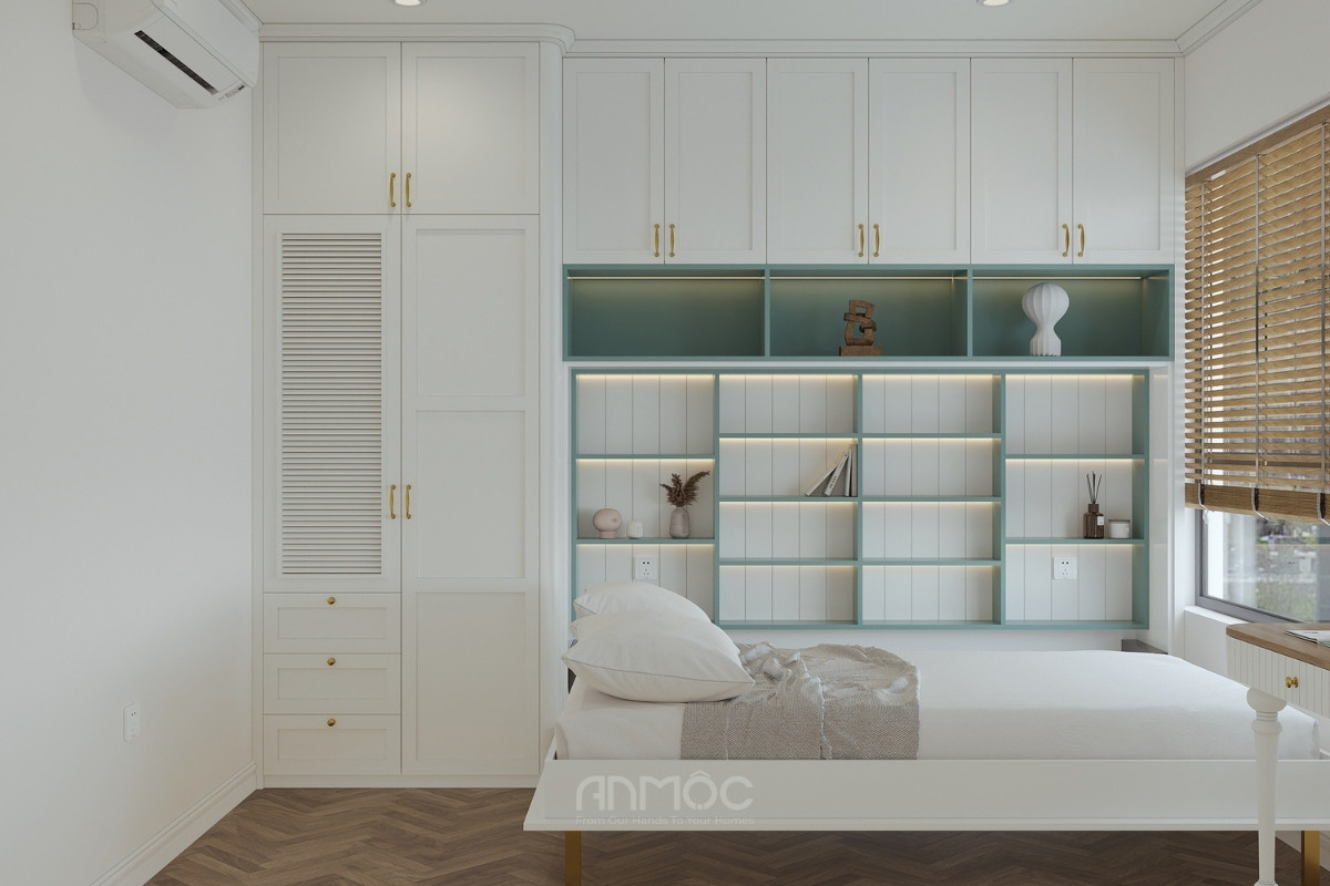 Phòng ngủ nhỏ gọn với hệ tủ kệ tích hợp thông minh và điểm nhấn xanh lá ấm áp