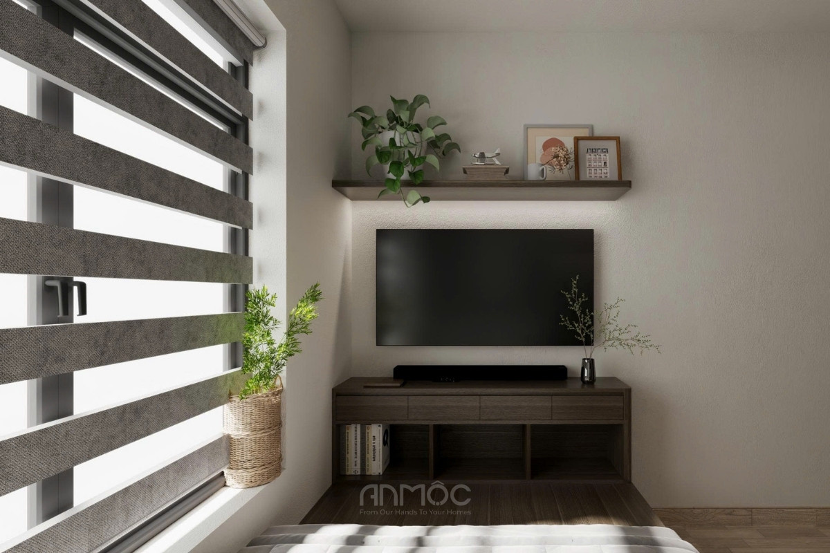 Thiết kế kệ tivi nối liền giường phản, tối ưu diện tích và tăng tính thẩm mỹ