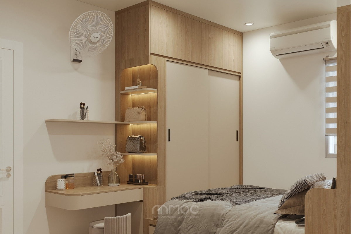 Thiết kế nội thất phòng ngủ tối giản với tủ quần áo cửa lùa, bàn trang điểm và kệ trang trí