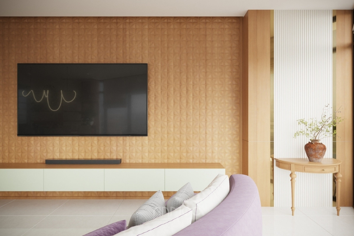Thiết kế vách sau bàn console với lam sọc trắng kết hợp gam màu gỗ ấm hiện đại