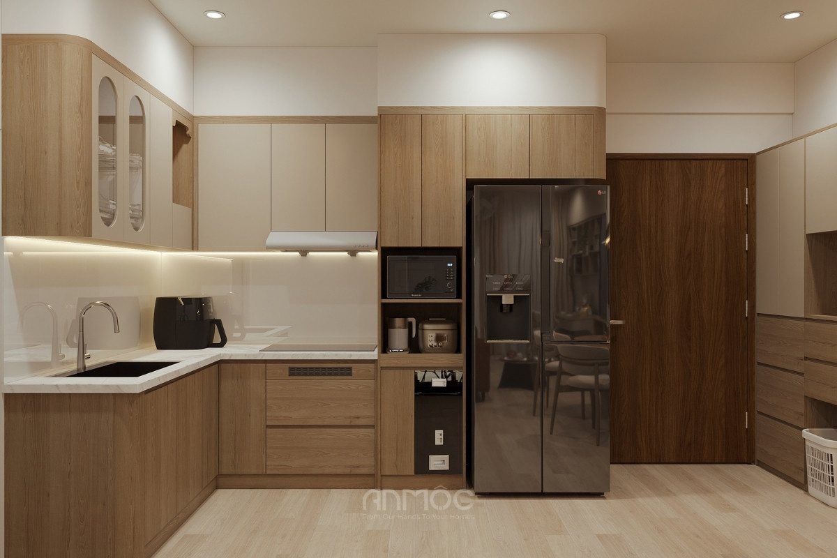 Tủ bếp chữ L áp dụng phong cách thiết kế tối giản