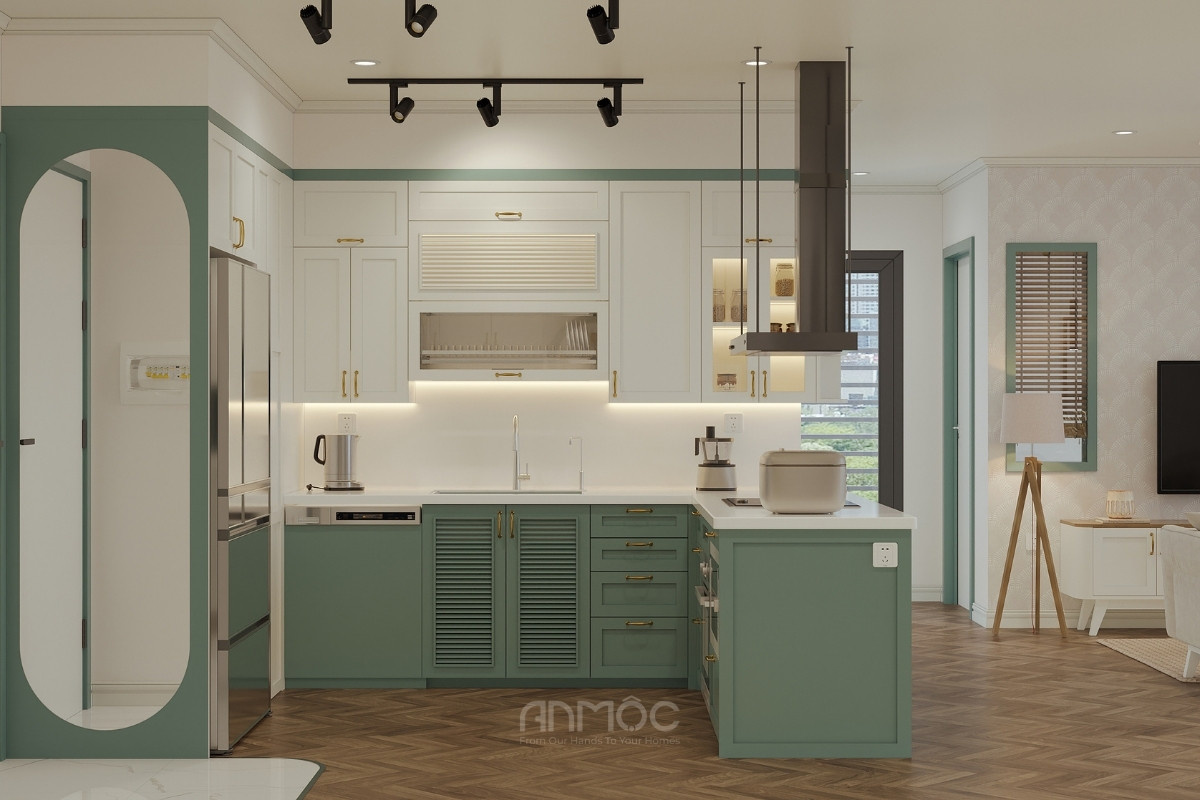 Tủ bếp phố màu trắng xanh lá nhẹ nhàng