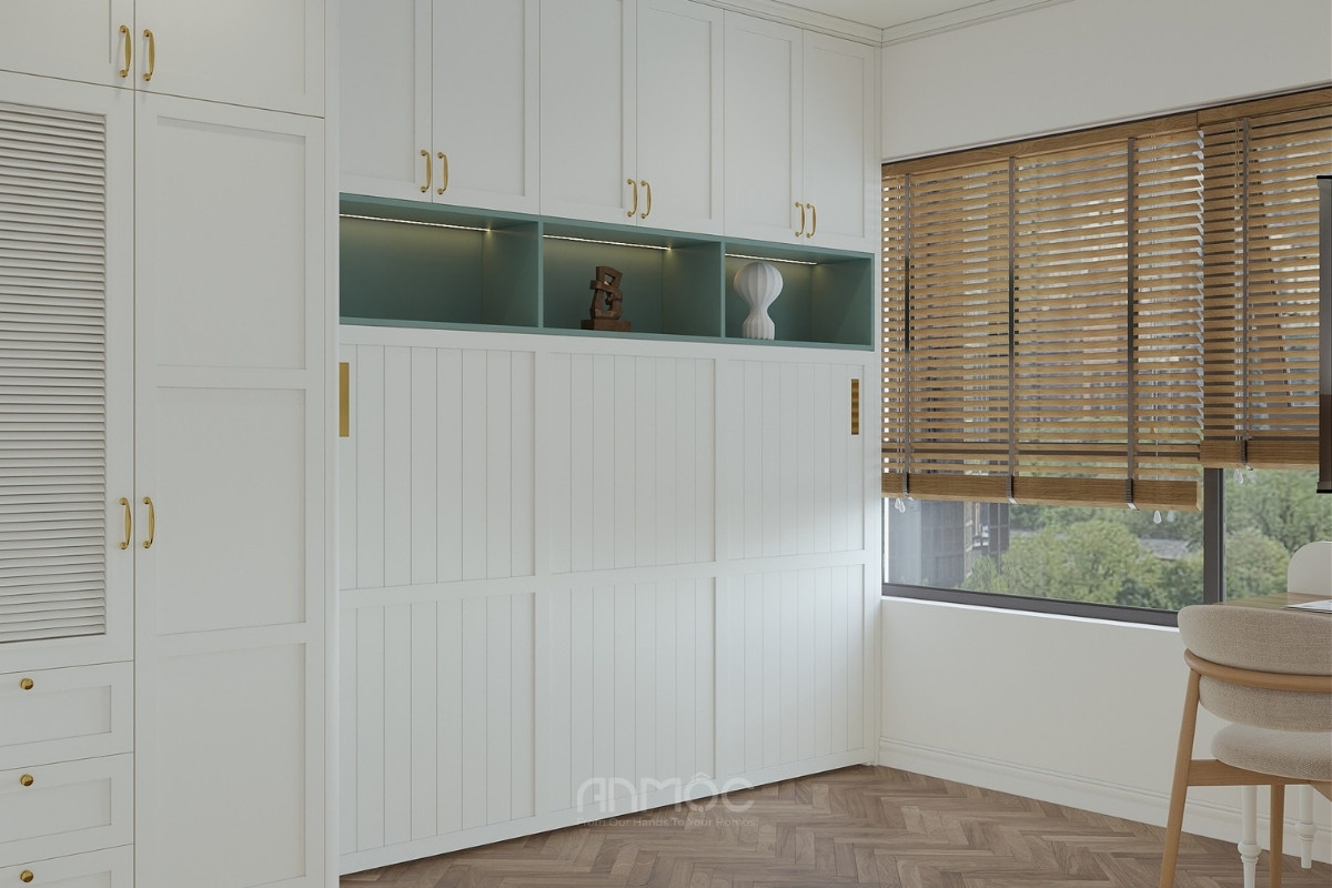Tủ quần áo cánh lùa trắng phong cách tân cổ điểnđược thiết kế âm tường