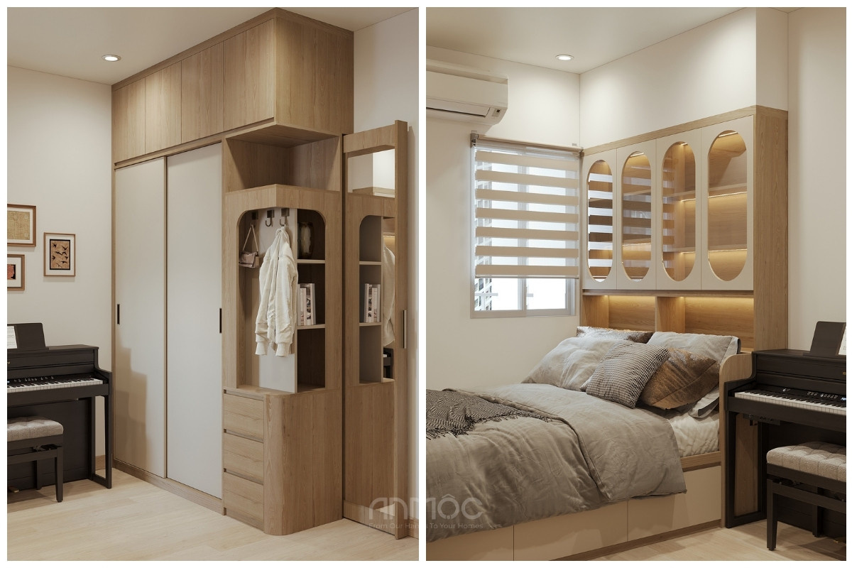 Tủ quần áo thiết kế kịch trần, giường tích hợp và tủ đầu giường treo