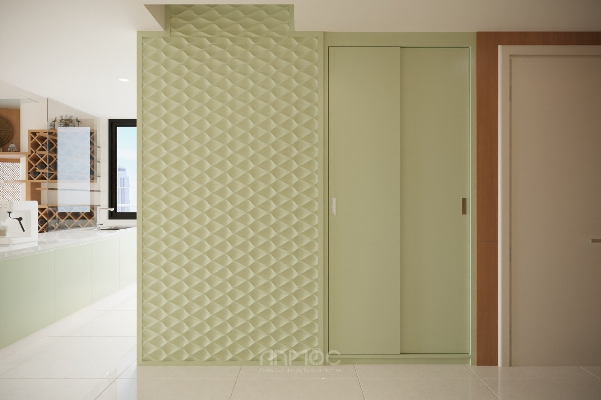 Vách tường hành lang màu xanh pastel ốp họa tiết 3D tạo điểm nhấn
