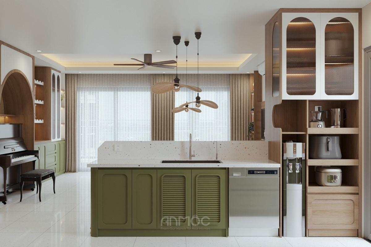 Bàn đảo bếp mặt đá màu xanh được bố trí nằm sát với hệ tủ lưu trữ