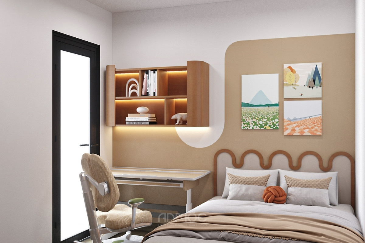 Bàn học bố trí cạnh giường, thiết kế gọn gàng với mặt bàn rộng và chân bàn chắc chắn