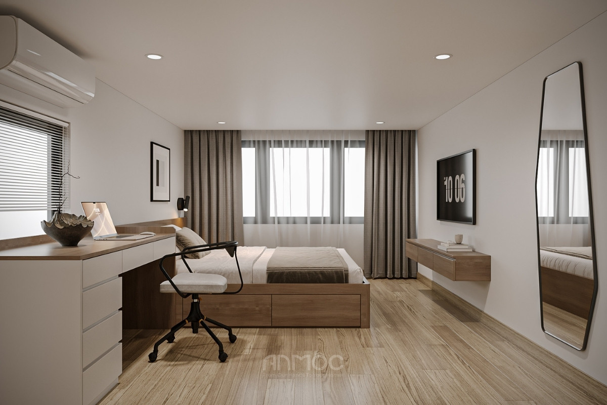Bàn làm việc mặt gỗ hiện đại nối liền giường ngủ cùng ngăn kéo trắng tiện dụng